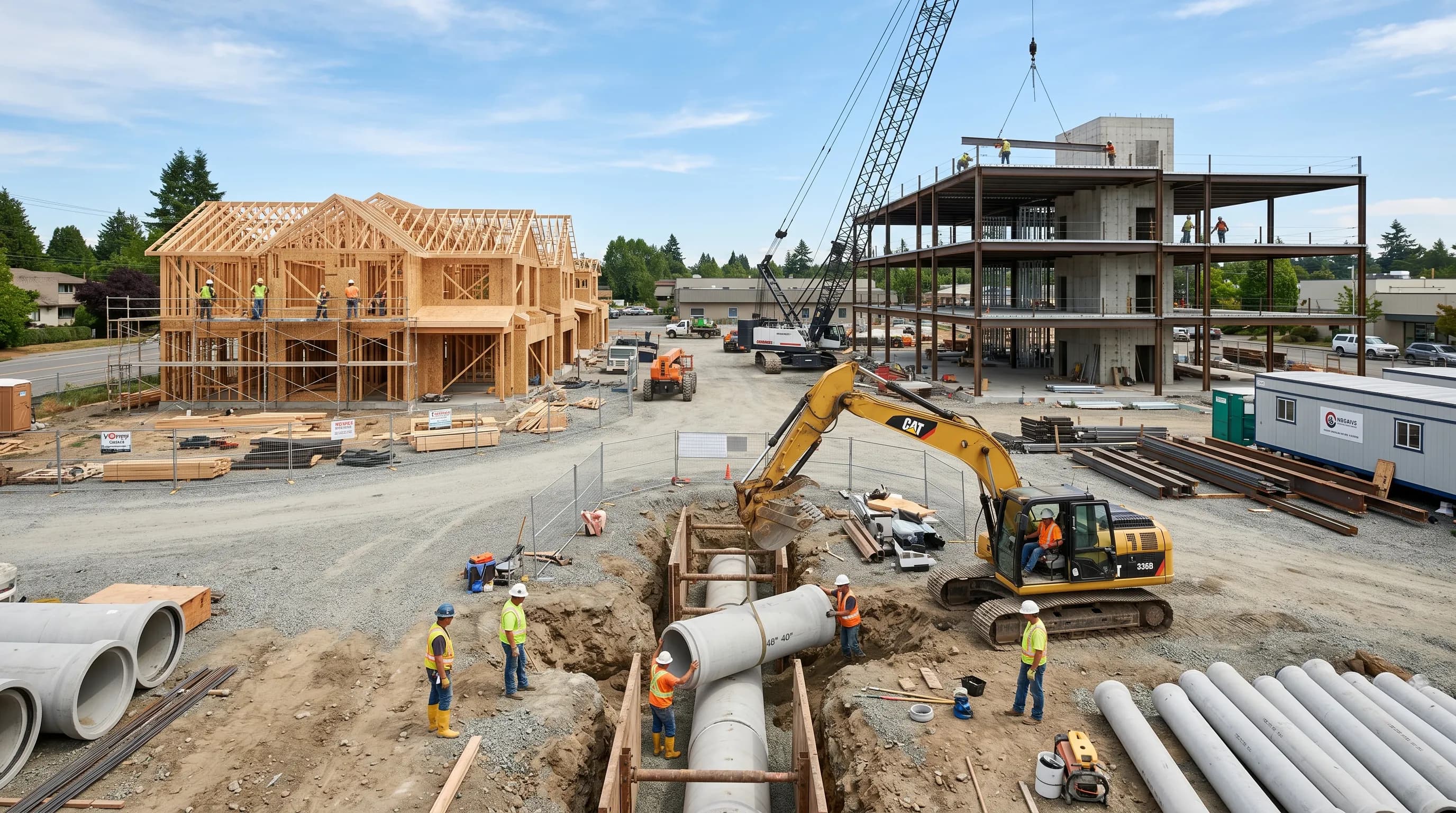 Active construction site with structural works, equipment, and crew